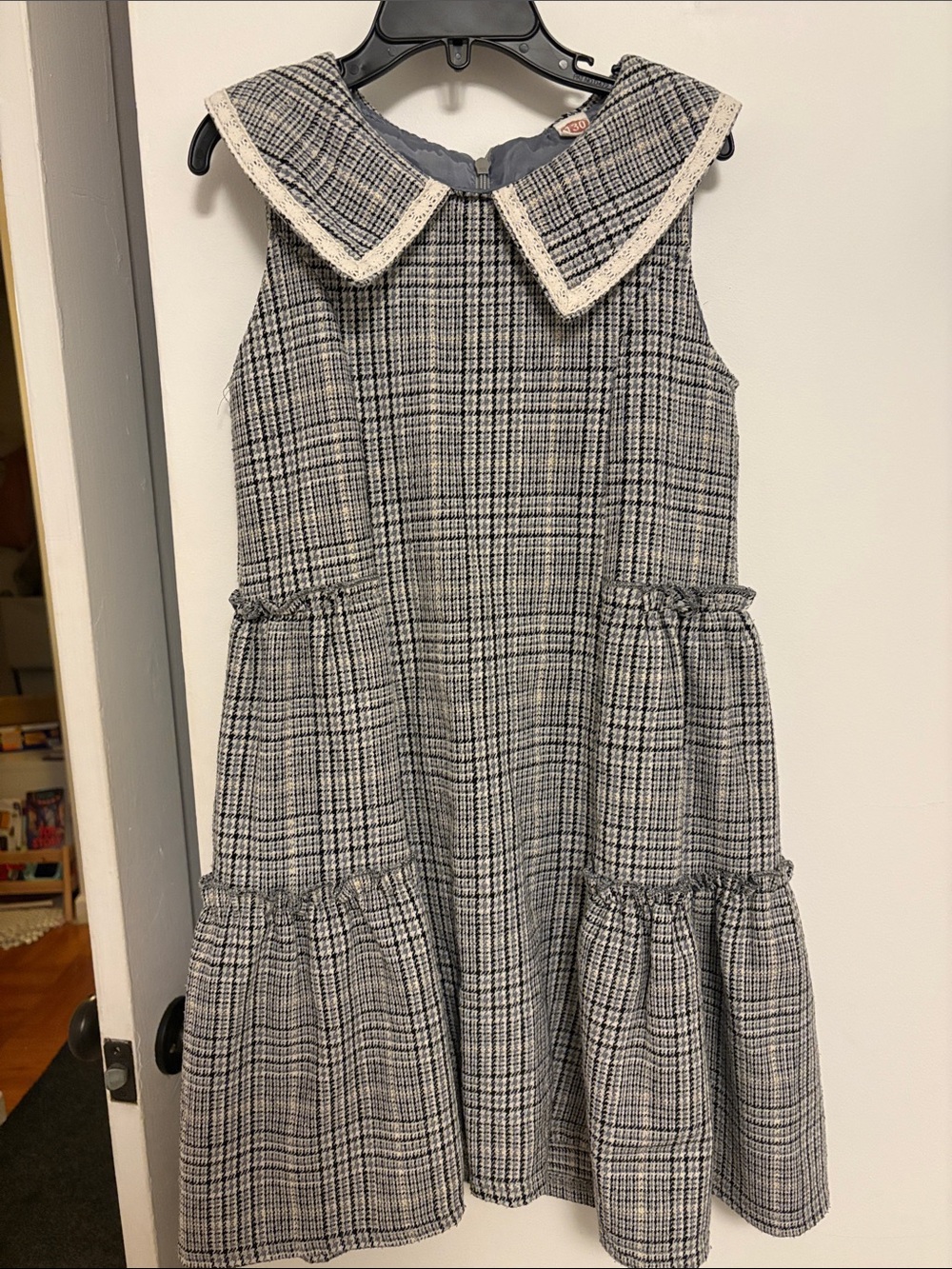 Girls Plaid Sailor Collar Dress in Gray and gold glitter